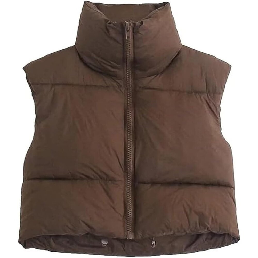 Women's Coffee Fashion High Neck Zipper Cropped Puffer Vest Jacket Coat Cardigan